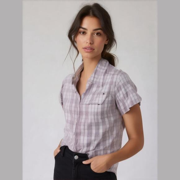 Columbia Purple Plaid Mesh Back Outdoor Omni-Shade Button Down SS Shirt Top M - Picture 1 of 13